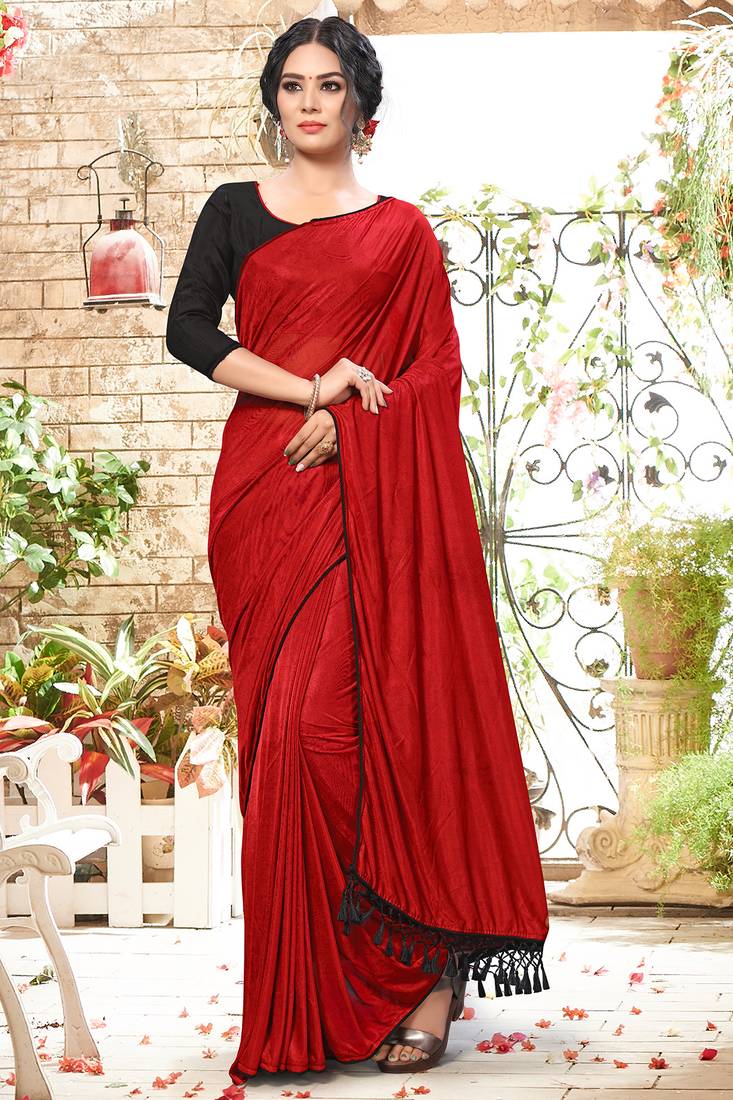 Buy the most elegant Red Plain Silk Saree from Mirraw